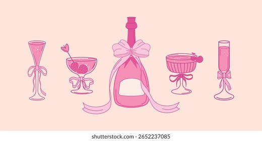 Um elegante e sedutor conjunto vintage de garrafas de champanhe e copos diferentes. Ilustração vetorial para convites de casamento, cartões de saudação e muito mais com arcos e fitas.