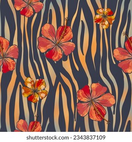 Trendy floral animalistic seamless textile print. Animal skin pattern and floral ornament flowers fabric background. Warm rich colors