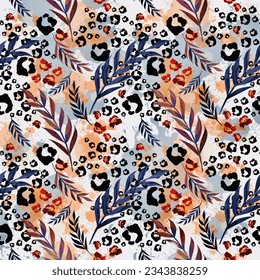 Trendy floral animalistic seamless textile print. Animal skin pattern and floral ornament flowers fabric background. Warm rich colors