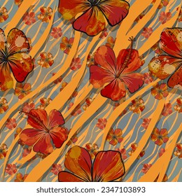 Trendy floral animalistic seamless textile print. Animal skin pattern and floral ornament flowers fabric background. Warm rich colors