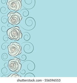 Trendy floral background with copy space (place for your text). Vector seamless ink pattern with vertical abstract flowers in green, beige and neutral colors. Hand drawn brush painting roses.