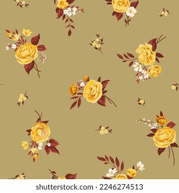 Trendy floraler Hintergrund mit eleganten kleinen Blumen auf dem Feld für digitale Tapeten und Kleidung im Freiheitsstil, orangefarbene Vektorgrafik-Vorlage