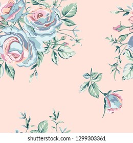 Trendy floral background with flowers beautiful roses in pastel colours on pink. Blooming botanical motifs scattered random. Vector seamless pattern for fashion prints.