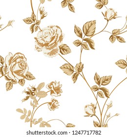 Trendy floral background with golden roses flowers and twigs with leaves in style watercolor on white. Blooming botanical motifs scattered random. Vector seamless pattern for fashion prints.
