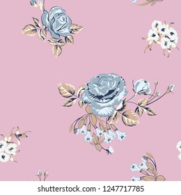 Trendy floral background with golden roses flowers and twigs with leaves in style watercolor on pink. Blooming botanical motifs scattered random. Vector seamless pattern for fashion prints.