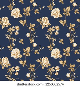 Trendy floral background with golden roses flowers and twigs with leaves in style watercolor on indigo. Blooming botanical motifs scattered random. Vector seamless pattern for fashion prints.
