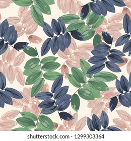 Trendy floral background with large exotic tropical leaves in style watercolor. Twigs with black, green and beige leaves scattered random. Vector seamless pattern for fashion prints.