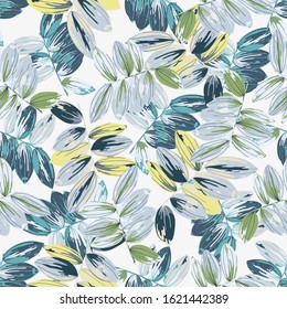 Trendy floral background with large exotic tropical leaves in style watercolor. Twigs with colorful leaves scattered random. Vector seamless pattern for fashion prints.