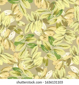 Trendy floral background with large exotic tropical leaves in style watercolor. Twigs with colorful leaves scattered random. Vector seamless pattern for fashion prints.