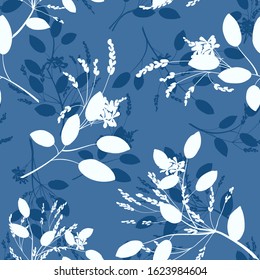 Trendy floral background with leaves and wildflowers in white with blue color, silhouette. Vector seamless pattern for fashion prints.