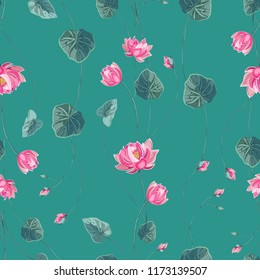 Trendy floral background with lotus flower and green leaves in hand drawn style. Blooming botanical motifs scattered random. Vector seamless pattern of lily, waterlily on blue.