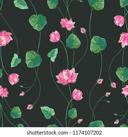 Trendy floral background with lotus flower and green leaves in hand drawn style. Blooming botanical motifs scattered random. Vector seamless pattern of lily, waterlily on dark.