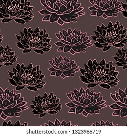 Trendy floral background with lotus flower in hand drawn style. Blooming botanical motifs scattered random. Vector seamless pattern of lily, waterlily on dark. hand drawing