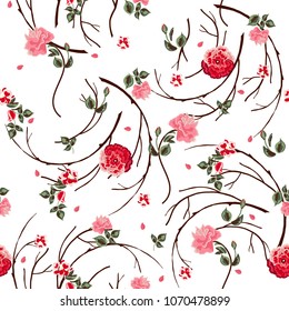 Trendy floral background with red and pink roses flowers in hand drawn style on white. Blooming botanical motifs scattered random. Vector seamless pattern for fashion prints.