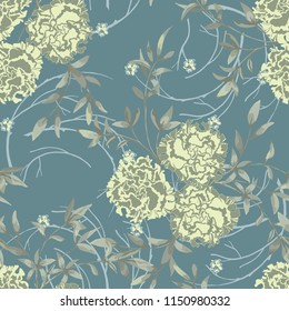 Trendy floral background with roses, large flower buds and twigs with leaves in hand drawn style pastel colors. Blooming botanical motifs scattered random. Vector seamless pattern for fashion prints.