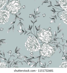 Trendy floral background with roses, large flower buds and twigs with leaves in hand drawn style pastel colors. Blooming botanical motifs scattered random. Vector seamless pattern for fashion prints.