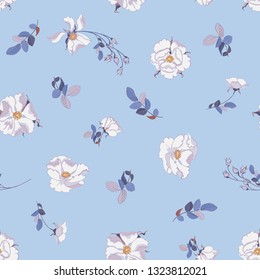Trendy floral background with small flowers white wild rose and leaves in hand drawn style on blue. Blooming botanical motifs scattered random. Vector seamless pattern for fashion prints.