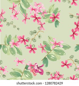 Trendy floral background with small red flowers and twigs with leaves in style watercolor. Blooming botanical motifs scattered random. Vector seamless pattern for fashion prints.