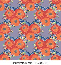 Trendy floral background. Vector seamless ink pattern with abstract flowers in orange, pink and gray colors. Hand drawn brush painting roses.
