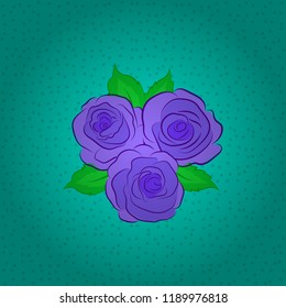 Trendy floral background. Vector seamless ink pattern with abstract flowers in green, violet and blue colors. Hand drawn brush painting roses with green leaves.