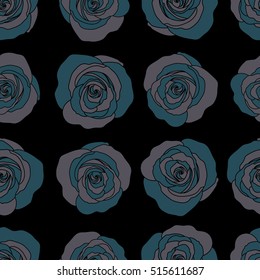 Trendy floral background. Vector seamless ink pattern with abstract flowers in blue colors. Hand drawn brush painting roses.