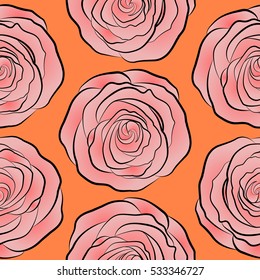 Trendy floral background. Vector seamless ink pattern with abstract flowers in orange and pink colors. Hand drawn brush painting roses.