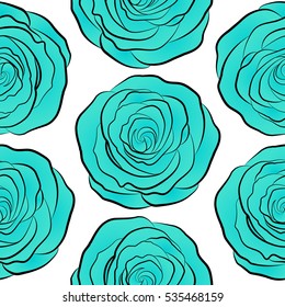 Trendy floral background. Vector seamless ink pattern with abstract flowers in blue colors. Hand drawn brush painting roses.