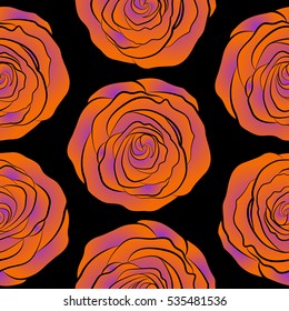 Trendy floral background. Vector seamless ink pattern with abstract flowers in violet and orange colors. Hand drawn brush painting roses.