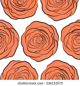 Trendy floral background. Vector seamless ink pattern with abstract flowers in orange and neutral colors. Hand drawn brush painting roses.