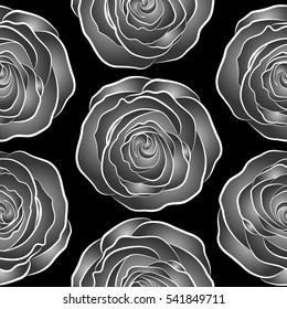 Trendy floral background. Vector seamless ink pattern with abstract flowers in gray colors. Hand drawn brush painting roses.