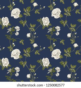 Trendy floral background with white roses flowers and twigs with leaves in style watercolor on indigo. Blooming botanical motifs scattered random. Vector seamless pattern for fashion prints.