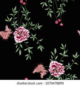 Trendy floral background with wild flowers and twigs with leaves in hand drawn style on black. Blooming botanical motifs scattered random. Vector seamless pattern for fashion prints.