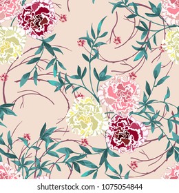 Trendy floral background with wild flowers and twigs with leaves in hand drawn style on pink. Blooming botanical motifs scattered random. Vector seamless pattern for fashion prints.