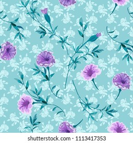 Trendy floral background with wild flowers and twigs with leaves in hand drawn style on light blue. Blooming botanical motifs scattered random. Vector seamless pattern for fashion prints.