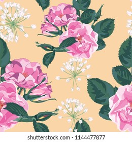 Trendy floral background with wild rose, rosa canina dog rose garden flowers. Hand drawn style on yellow backdrop. Blooming botanical motifs scattered random. Vector seamless pattern for prints.