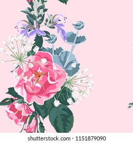 Trendy floral background with wild rose, rosa canina dog rose garden flowers. Hand drawn style on pink backdrop. Blooming botanical motifs scattered random. Vector seamless pattern for prints.