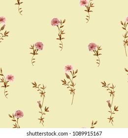 Trendy floral background with wild small flowers and leaves in hand drawn style on yellow. Blooming botanical motifs scattered random. Vector seamless pattern for fashion prints.