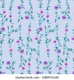 Trendy floral background with wild small flowers and leaves in hand drawn style on light blue. Blooming botanical motifs scattered random. Vector seamless pattern for fashion prints.