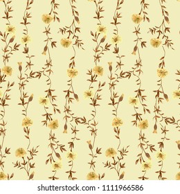 Trendy floral background with wild small flowers and leaves in hand drawn style on yellow. Blooming botanical motifs scattered random. Vector seamless pattern for fashion prints.