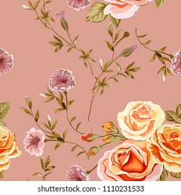 Trendy floral background with yellow, orange roses flowers and twigs with leaves in style watercolor. Blooming botanical motifs scattered random. Vector seamless pattern for fashion prints.