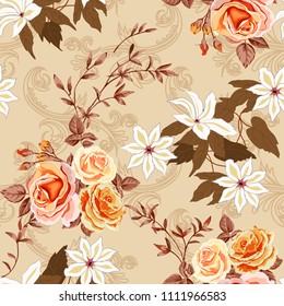 Trendy floral background with yellow and orange roses, white lilies in hand drawn style on beige. Blooming botanical motifs scattered random. Vector seamless pattern for fashion prints.