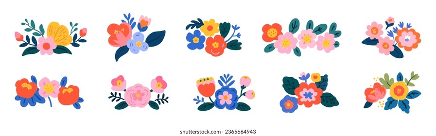 Trendy floral bouquet illustration set. Colorful hand drawn style flower on isolated background. Spring nature doodle collection. Wedding flowers symbol, romantic graphic bundle.