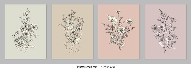 Trendfarbener Zweig und minimalistische Blumen für Logo oder Dekoration. Handgezeichnete Hochzeitskraut, elegante Blätter für die Einladung speichern Sie die Dattelkarte. Botanische rustikale Trendgrün