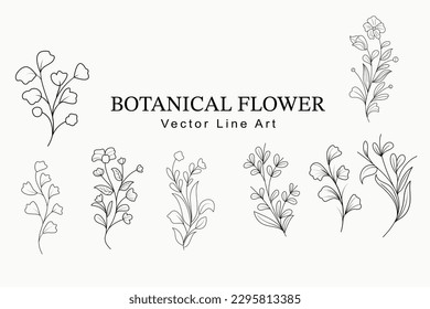 Trendy floral branch and minimalist flowers for logo or decorations. Hand drawn line wedding herb, elegant leaves for invitation save the date card.