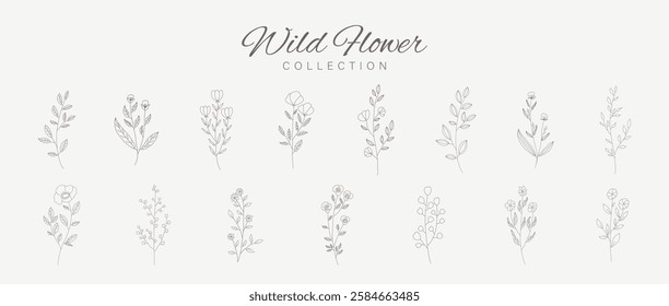 Trendy floral branch and minimalist flowers for logo or decorations. Hand drawn line wedding herb, elegant leaves for invitation save the date card. Botanical rustic trendy greenery