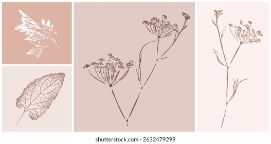 Trendy floral branch and minimalist flowers for logo or decorations. Hand drawn line wedding ormanemtns elegant leaves for invitation save the date card. Botanical rustic trendy vector art.