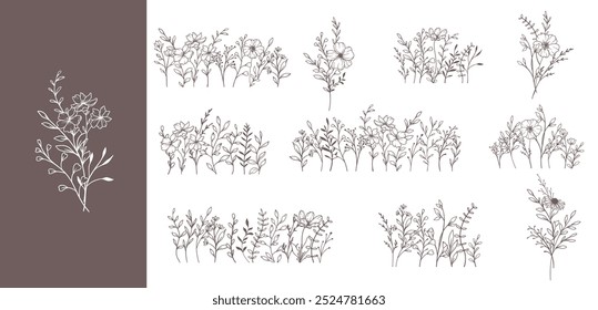 Ramos florais e flores da moda. Botanical Line Art Coleção de flores silvestres.  Luxo Linha Floral Arte. Perfeito para convites de casamento elegantes, cartões minimalistas na moda, salvar a data