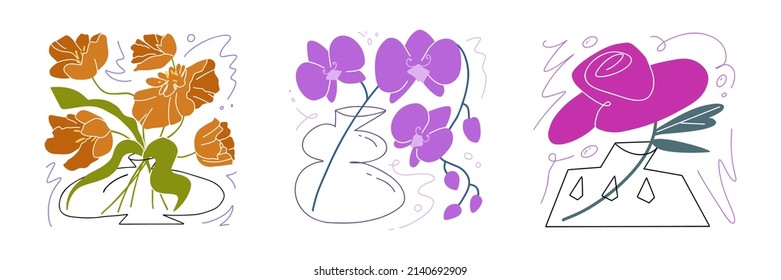 Trendy floral compositions in glass vases. Vector illustration EPS10