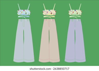 Trendy Floral Crop Top and Wide-Leg Pants Set.