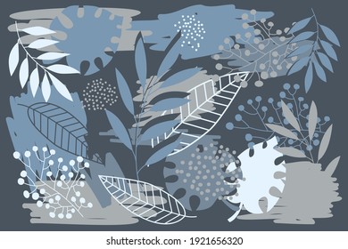 Trendy floral decor elements. Tropical template for wedding, advertising banners, invitations, covers, business cards, posters in botanical style. Modern vector abstract floral art leaves background